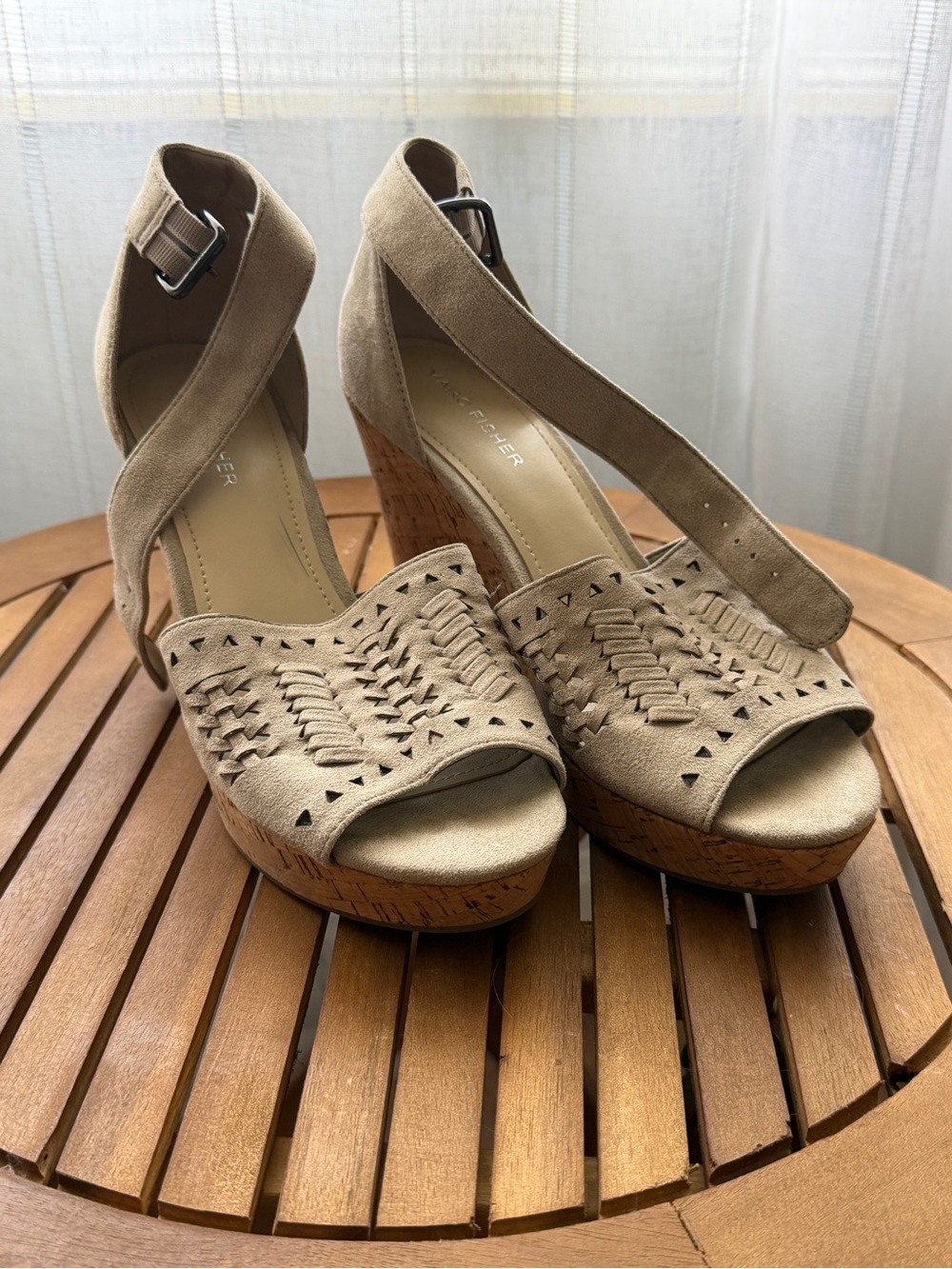 Marc Fisher Tan Suede Wedge Sandals with Cork Platform Size 9